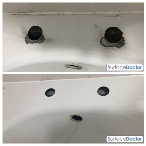 Bath Repair Edinburgh assessment stage - Surface Doctor technician carefully examining and measuring bathtub damage to determine optimal repair approach and materials needed for Edinburgh property