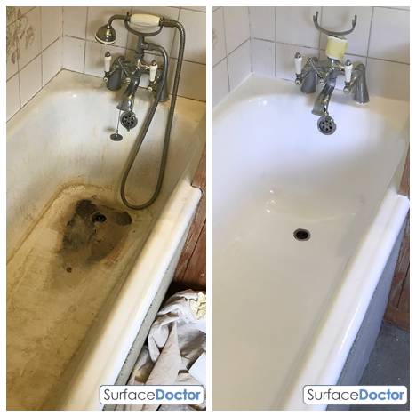 Edinburgh bathtub chip repair service before and after - dramatic transformation showing damaged bath completely restored to pristine condition using specialist repair compounds and color-matching